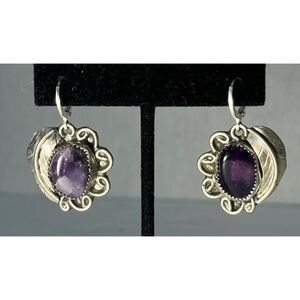 Handmade silver Purple Gemstone Leaf Scroll Floral Drop Artisan Earrings